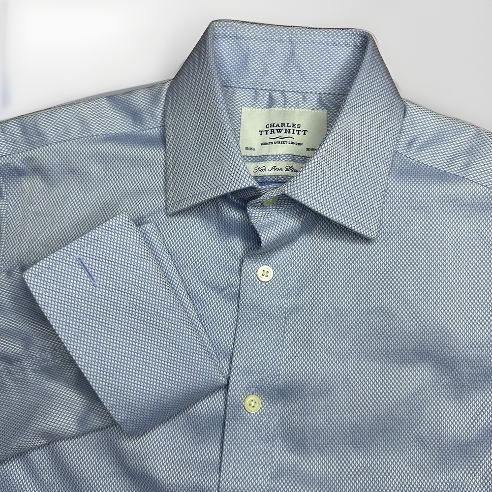 Charles Tyrwhitt Dress Shirt Mens 15-35 Slim Fit Blue French Cuff Cotton Twill